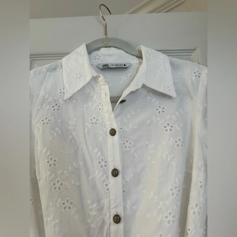 Zara White Long Sleeve Eyelet Dress - Picture 5 of 7